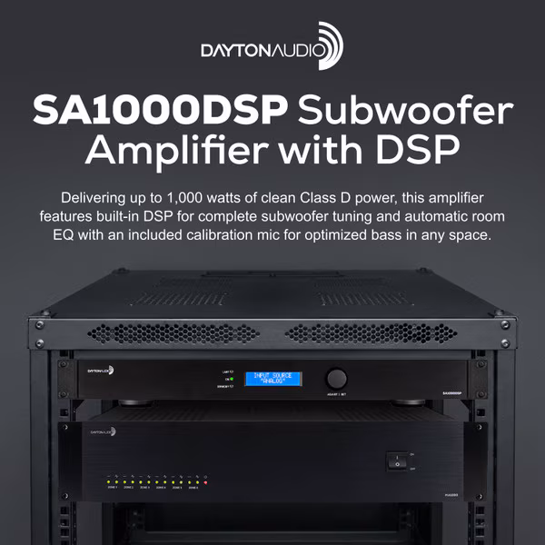 Dayton Audio SA1000DSP 1000 Watt RMS Home Theater Subwoofer Amplifier with DSP Auto Room EQ Class D Power Amp