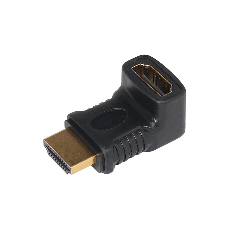 HDMI 90° right-angle plug with gold contacts outlet upwards.