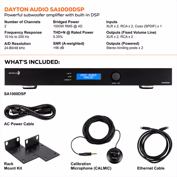 Dayton Audio SA1000DSP 1000 Watt RMS Home Theater Subwoofer Amplifier with DSP Auto Room EQ Class D Power Amp