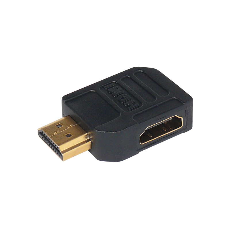 HDMI 90° angle plug with gold contacts outlet to the left.
