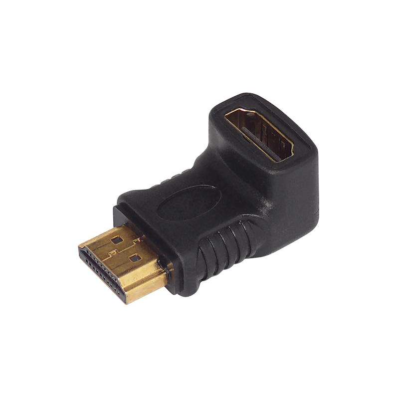 HDMI 90° right-angle plug with gold contacts outlet downwards.